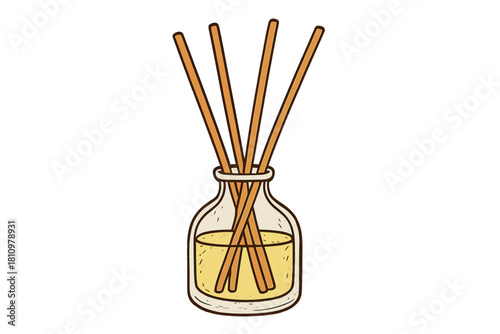 Reed diffuser with sticks and yellow scented oil in glass bottle
