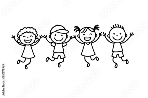 Joyful stick figure children jumping high with raised arms