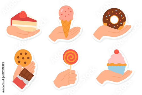 Hands holding various sweet desserts and candy icons