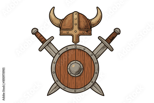 Viking shield crossed swords and horned helmet emblem design