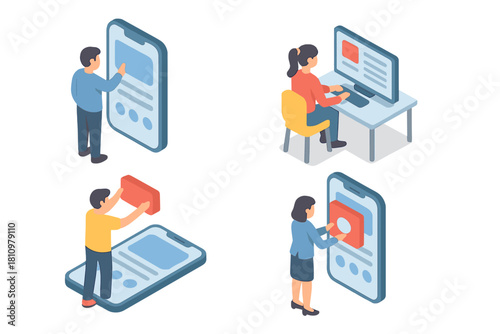 Isometric figures interacting with mobile and desktop digital interfaces for software development