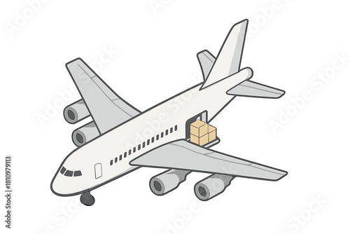 Isometric cargo airplane loading packages into fuselage side door