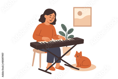 Young woman plays digital piano with curious orange cat nearby