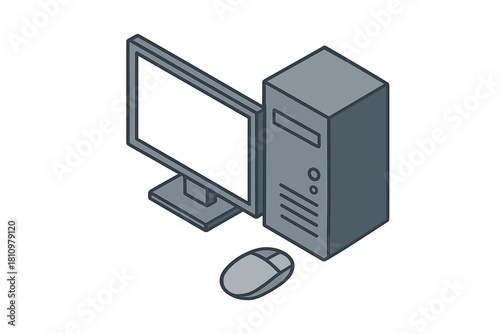 Isometric desktop computer monitor tower and mouse hardware set