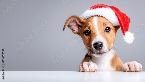 A funny and cute dog wearing a festive Santa hat, perfectly capturing the cheerful spirit of a Christmas celebration