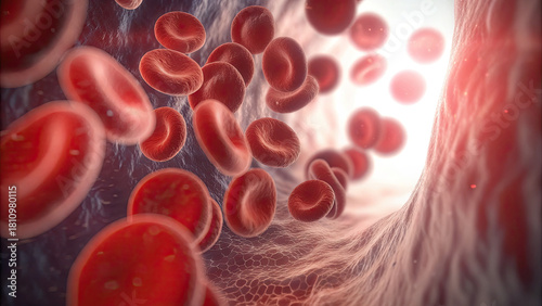Blood clot blocking red blood cells stream concept. Microscopic view of blood cells flowing through blood vessel.