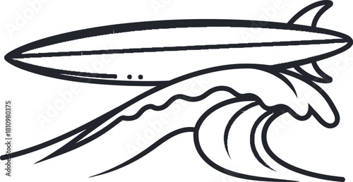 Surfboard riding a wave illustration on a white background for summer designs