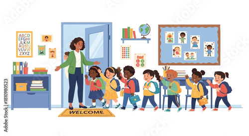 Diverse group of happy children with backpacks entering a classroom greeted by a welcoming teacher