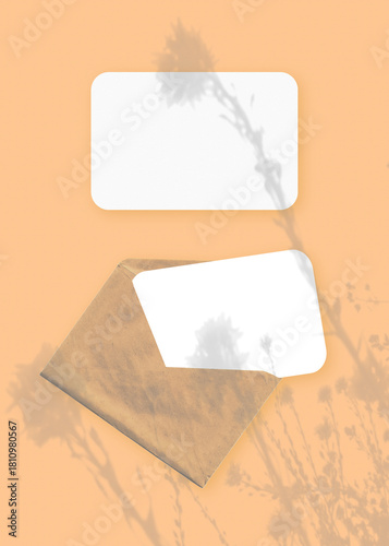 Wallpaper Mural The shadow of wildflowers falls on an envelope with two sheets of textured white paper on a orange background. Mockup vertical orientation. Torontodigital.ca