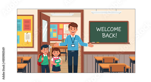 Friendly teacher welcomes two happy students back to a colorful and inviting classroom for a new school year