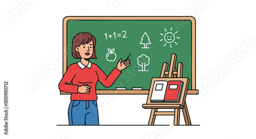 Friendly teacher explaining math and nature concepts on a green chalkboard with a book on an easel