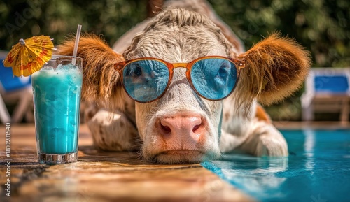 Playful cow relaxing by a pool with a cocktail.