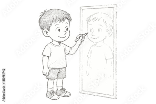 Smiling child holding a pencil and tracing his own reflection in a full-length mirror