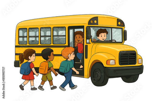 Young students with backpacks lining up to board a traditional yellow school bus