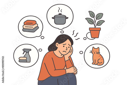 Overwhelmed woman thinking about household chores, domestic responsibilities, and daily life stress