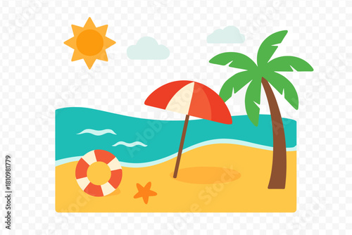 Tropical summer beach scene with palm tree and sun umbrella on the sand