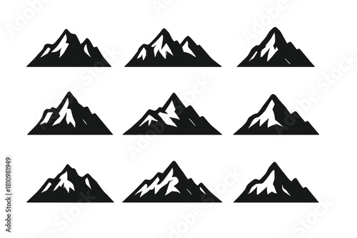 Set of nine stylized mountain peak silhouettes in black and white minimalist design