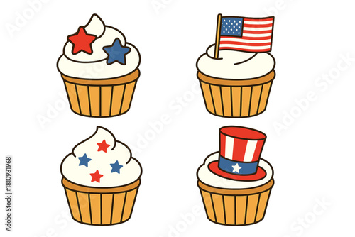 Festive cupcakes topped with American flag stars and Uncle Sam hat for patriotic celebrations