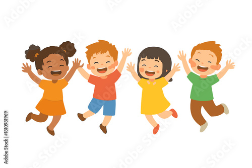 Happy diverse group of young children jumping together with arms raised in celebration and joy