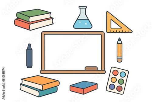 School supplies and educational tools arranged around a blank whiteboard frame