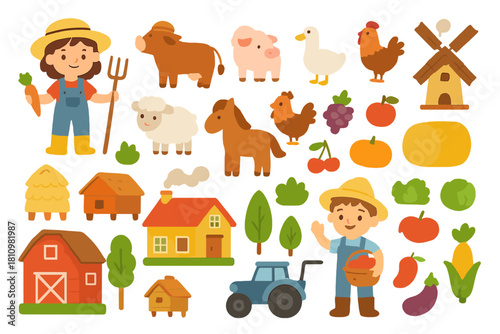 Cute cartoon farm elements with animals, buildings, crops, and farmers
