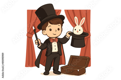 Cute young magician performing a magic trick with a rabbit appearing from a top hat on stage
