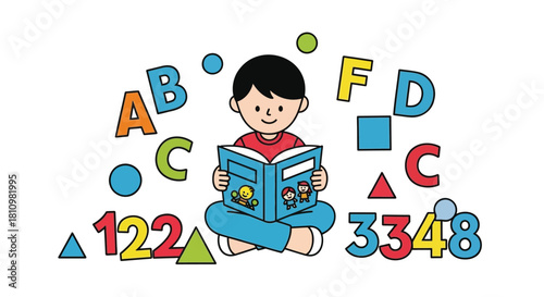 A young boy sits cross legged reading an open book surrounded by colorful abcs shapes and numbers signifying early education and learning