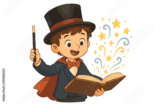 Cheerful young boy dressed as a magician performing a magic trick with a wand and spell book