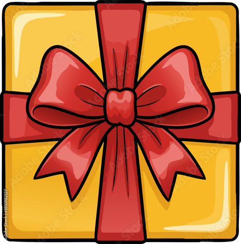 Yellow gift box with red ribbon and bow illustration