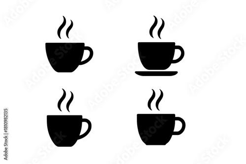 Steaming hot beverage icons set showing coffee and tea cups and mugs in black silhouette