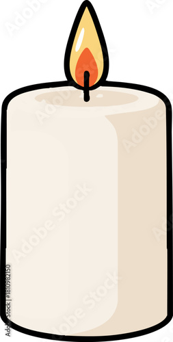 White Candle Burning with Warm Flame Isolated on White