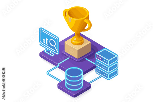 Success in data management shown by a golden trophy among server racks and database storage