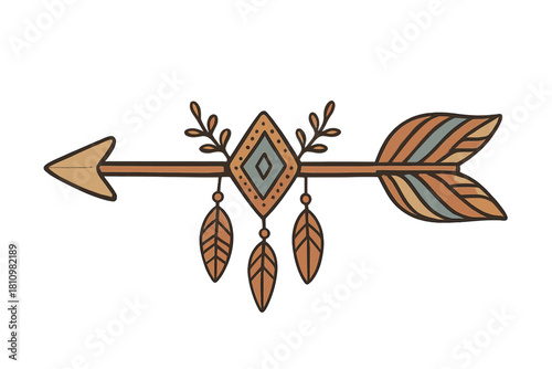 Bohemian style decorative arrow with geometric diamond shape and hanging feathers