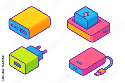 Portable power bank, wall adapter, and external charging devices in bright isometric style