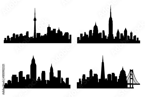 Set of four famous international city skylines silhouettes featuring major landmarks
