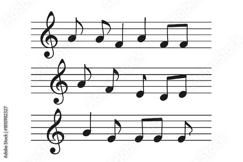 Simple black and white musical notation showing notes and treble clefs on three separate staves