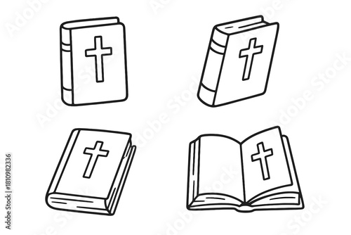 Set of Christian Holy Bibles in doodle style, closed and open, featuring a cross symbol