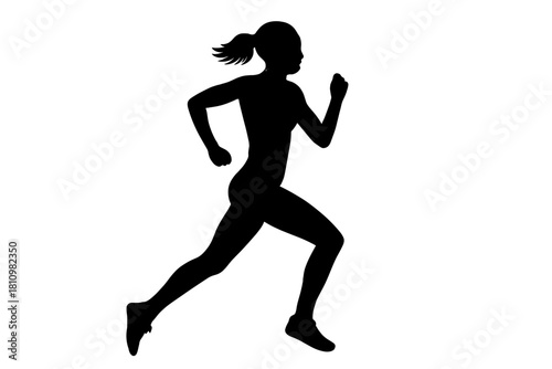 Dynamic black silhouette of a female runner with a ponytail running fast against a white background