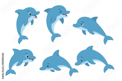 Six cute cartoon dolphins swimming and jumping in various poses