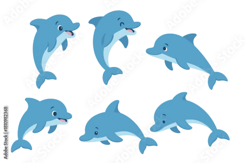 Fototapeta samoprzylepna Six cute cartoon dolphins swimming and jumping in various poses