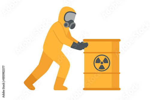 Worker in protective yellow hazmat suit moving a barrel of radioactive waste material
