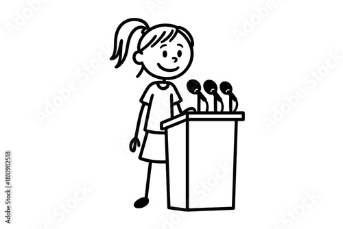 Stick figure smiling girl speaking at press conference podium with microphones