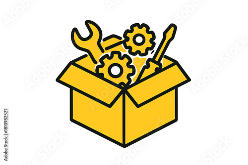Open cardboard box filled with repair tools, wrench, screwdriver, and mechanical gears