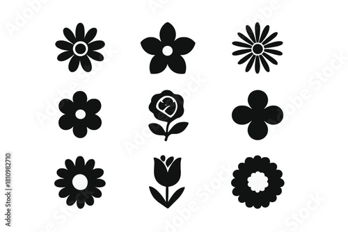 Set of nine simple black and white floral icons and symbols for graphic design