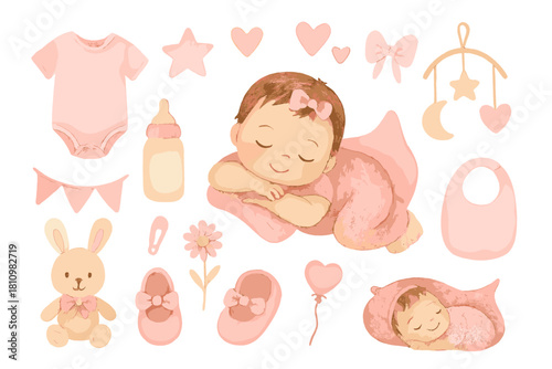 Soft pink watercolor collection of newborn baby girl essentials and sleeping infants