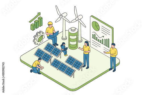 Collaborative team analyzing renewable energy data and managing solar panel and wind turbine systems