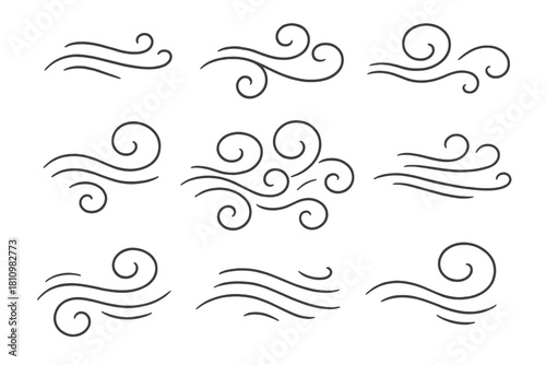 Collection of stylized swirling and flowing lines representing wind, air, and breeze movement symbols