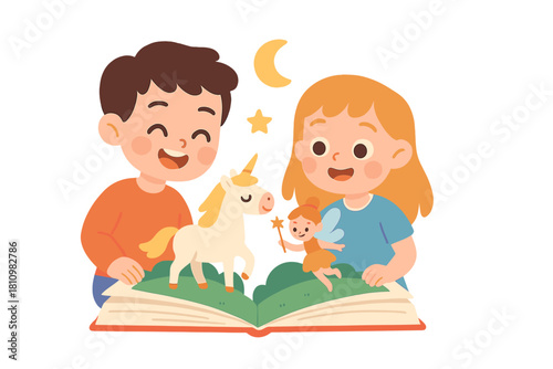 Happy children reading a fantasy storybook featuring a unicorn and a magical fairy