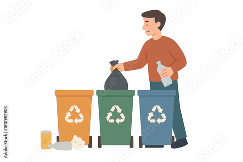 Young man sorting trash into colored recycling bins for waste management
