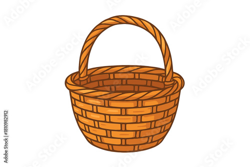 Traditional empty picnic basket made of woven straw or rattan with a curved handle